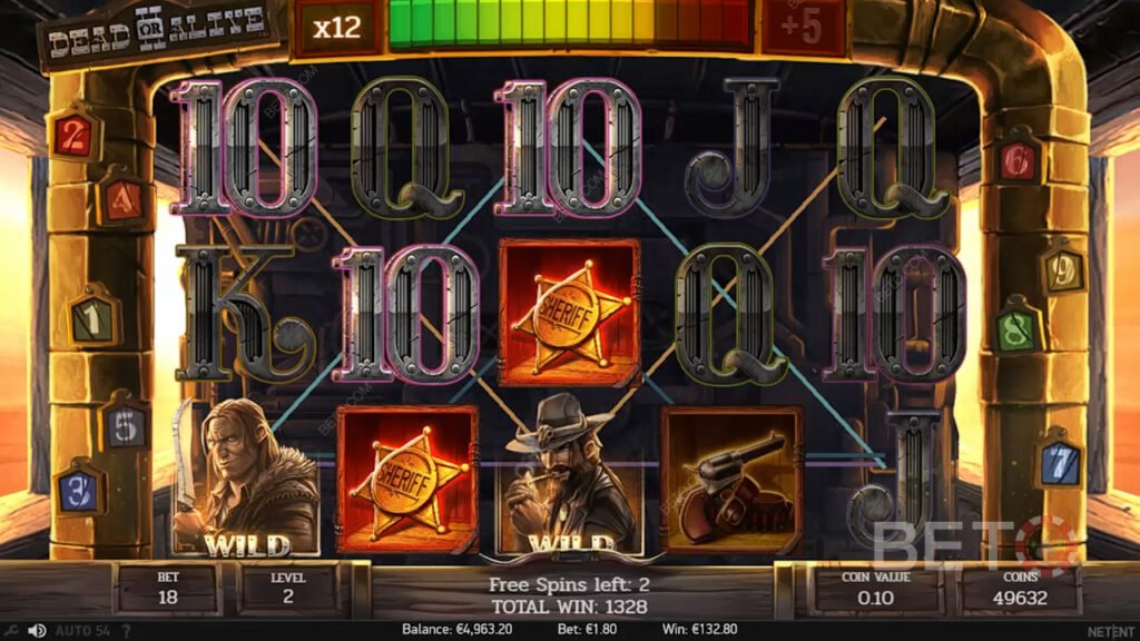 Captura de tela do slot Dead or Alive 2 da NetEnt, com símbolos Wild, multiplicadores e bônus ativo.